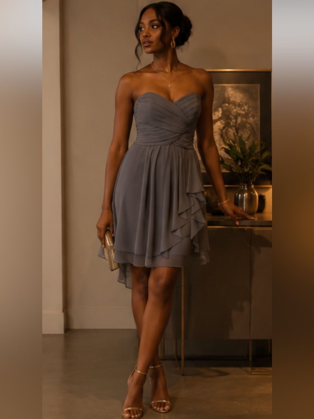 David's Bridal Strapless Grey Chiffon Cocktail Dress Size 8